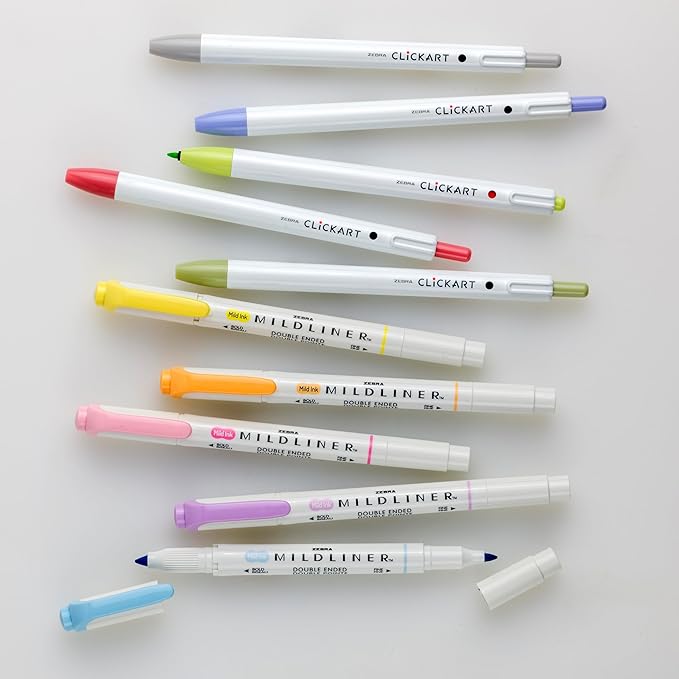 Zebra Pen - Creative 10-Pack Journaling Set - No Bleed Highlighters & CLiCKART Pens - Assorted Colors for Note-Taking, Bible Study, Bullet Journaling (14010)