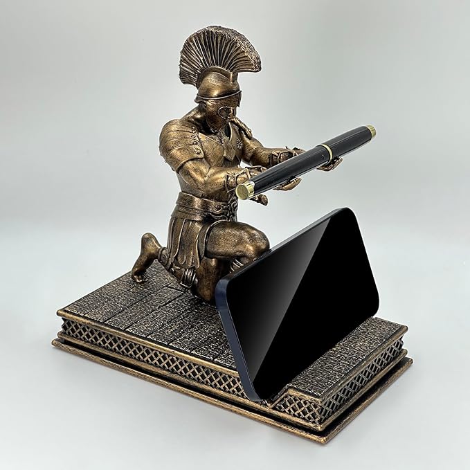 Roman Warrior Pen Holder knight Desktop Organizer and Accessories Resin Pen Holder as Gift with Short Swordfor Office and Home (Antique Bronze)