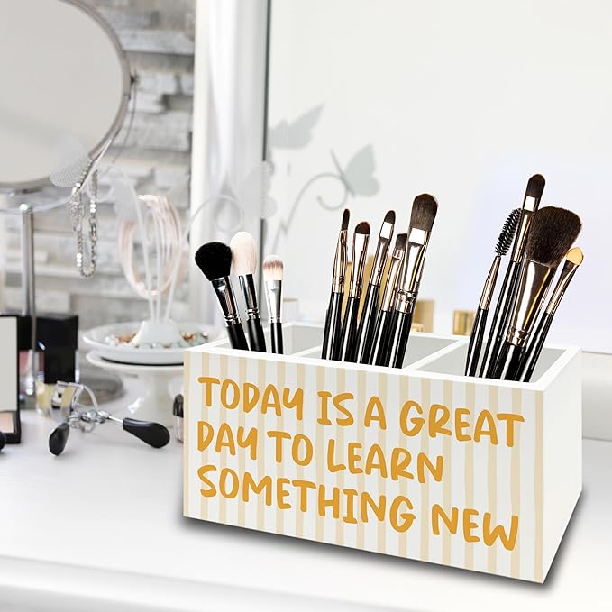 Inspirational Pen Pencil Holder Organizer for Desk, Motivational Gifts for Women, Today Is a Great Day to Learn Something New Wooden Box Sign for Home Office Desk Tabletop Decorations