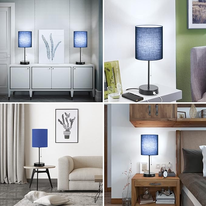 Table Lamps Set of 2 with USB Charging Ports, Blue Bedside Lamps with AC Outlet, Nightstand Lamps with Pull Chain Switch, Minimalist Modern Desk Lamps with Fabric Shade for Living Room Bedroom Office