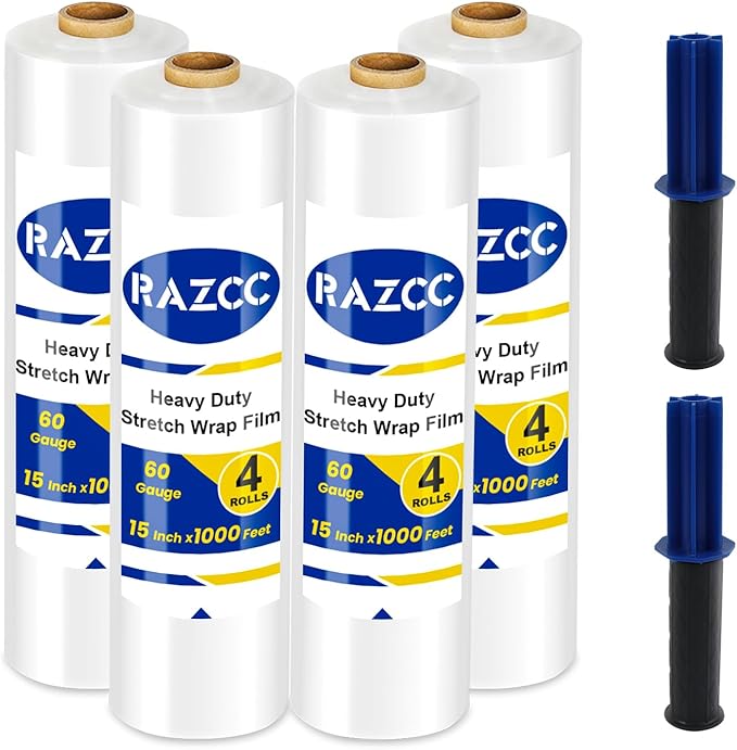 Stretch Film, RAZCC Stretch Wrap Industrial Strength, Shrink Wrap for Pallet Wrap, Heavy Duty Clear Plastic Wrap with Handles, Moving Wrapping Plastic Roll, 15" x 1000 Ft Per Roll, 60 Gauge, 4 Pack