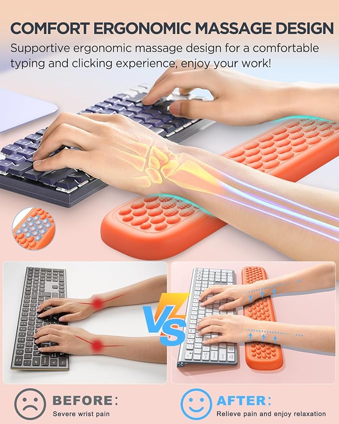 Lekvey Ergonomic Keyboard Wrist Rest, Waterproof PU Leather Wrist Pad with Memory Foam Massage Points, Durable Carpal Tunnel Support for Office/Gaming, Typing Pain Relief, Easy-Clean, Orange