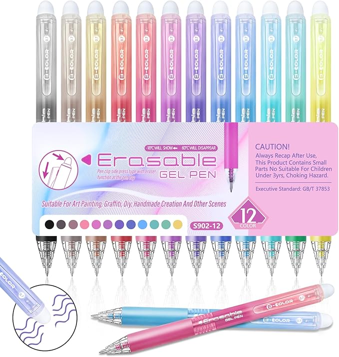 Erasable Gel Pen 12 Colors, Retractable Clicker 0.7mm Fine Point, Assorted Colors Inks, Make Mistakes Disappear, Erasable Gel Pens Perfect for Writing, Drawing & Planners