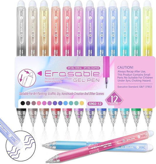 Erasable Gel Pen 12 Colors, Retractable Clicker 0.7mm Fine Point, Assorted Colors Inks, Make Mistakes Disappear, Erasable Gel Pens Perfect for Writing, Drawing & Planners