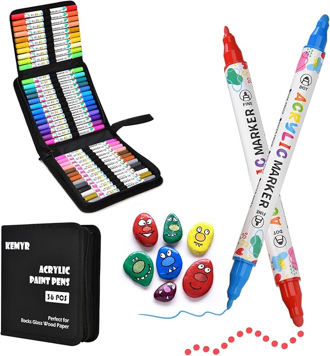 36 Colors Acrylic Paint Pens, Dual Tip Acrylic Paint Markers for Paper, Wood, Canvas, Stone, Rock Painting, Glass, Fabric, DIY, Ceramic, Art Supplies for Kids and Adults Drawing (Dot + Fine)