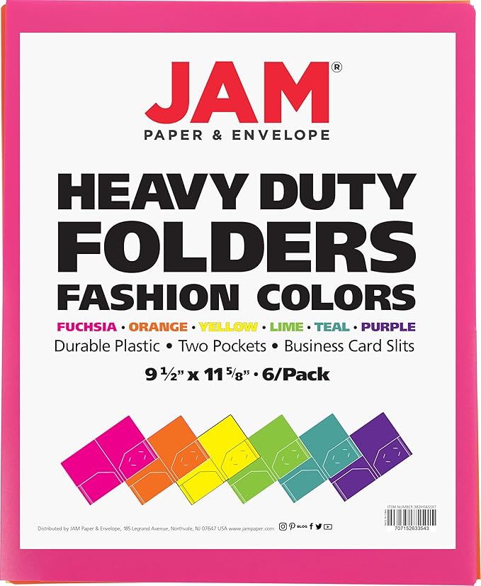 JAM PAPER Heavy Duty Plastic 2 Pocket Extra Tough School Folders - Assorted Fashion Colors - 6/Pack