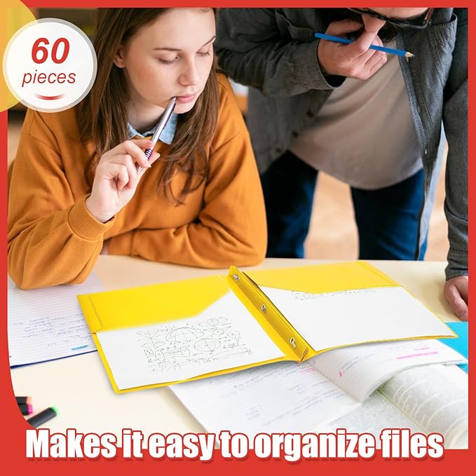 Yeaqee 60 Pcs Plastic Folders with Pockets and Prong Plastic Folders with 2 Pockets Pocket for Office, School for Students, Teachers, Office Workers (Multicolor)