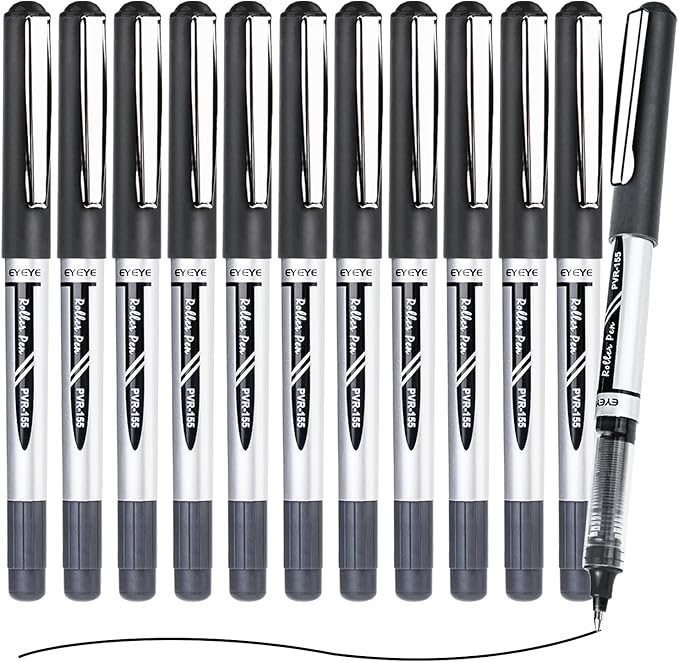 EYEYE Black Rollerball Pens 12 Pack, 0.7mm Medium Point Roller Ball Pen Quick Dry, Liquid Ink Pens Fine Point Smooth Writing Pen for Journaling, Note Taking, Office, School Supplies