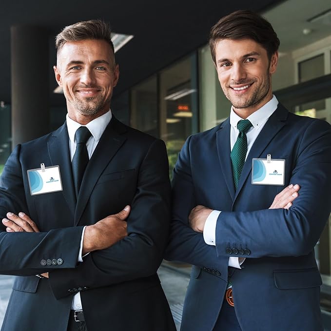 Eaasty Name Tags with Clips and Printable Inserts Clip On Name Badges Customizable Clear ID Badge Holder with Clips 3" x 4" Horizontal PVC for Meeting Seminar Show Event and Conference(50 Pack)