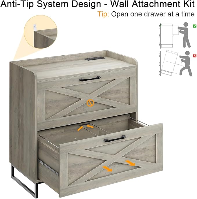 File Cabinet 2 Drawers, Lateral File Cabinet with Charging Station for Letter/Legal/A4 Size Hanging Files, Large Wood File Storage Cabinets Printer Stand for Home Office, Washed Gray