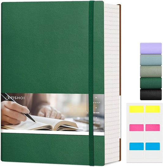 EMSHOI A4 College Ruled Notebook Journal- 400 Pages (200 sheets), 7mm Spacing & Vegan Leather Cover for Work, School, Bible Study, Bullet Journaling- with Sticky Notes, Pocket & Pen Holder -Dark Green