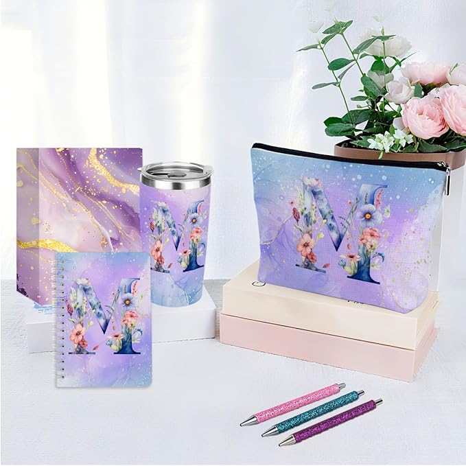 Personalized Gifts Monogrammed Birthday Gifts for Women, Her, Teacher Mother in Law Wedding Christmas Initial 20 oz Tumbler, Makeup Bag Cup Pens Journal Notebook 6 Set, (Aesthetic Purple Flower M)
