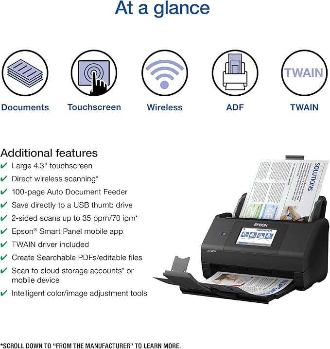 Epson Workforce ES-580W Wireless Color Duplex Desktop Document Scanner for PC and Mac with 100-sheet Auto Document Feeder (ADF) and Intuitive 4.3" Touchscreen