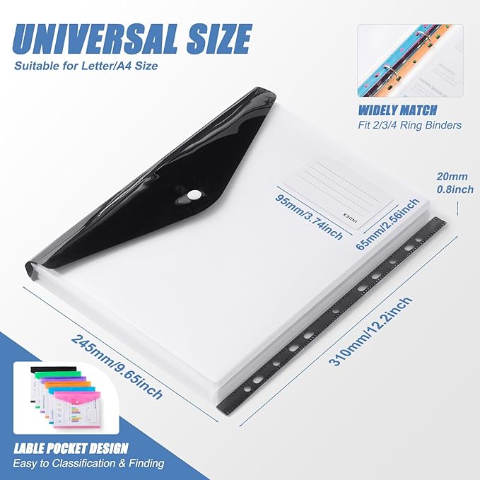 Binder Pocket Organizer Folders, 12 Pack Expandable Files Bag Plastic Envelopes Binder Folders with 11 Holes for 2/3/4 Ring Binder, Document Pouch with Snap Button and Label for School Office Home