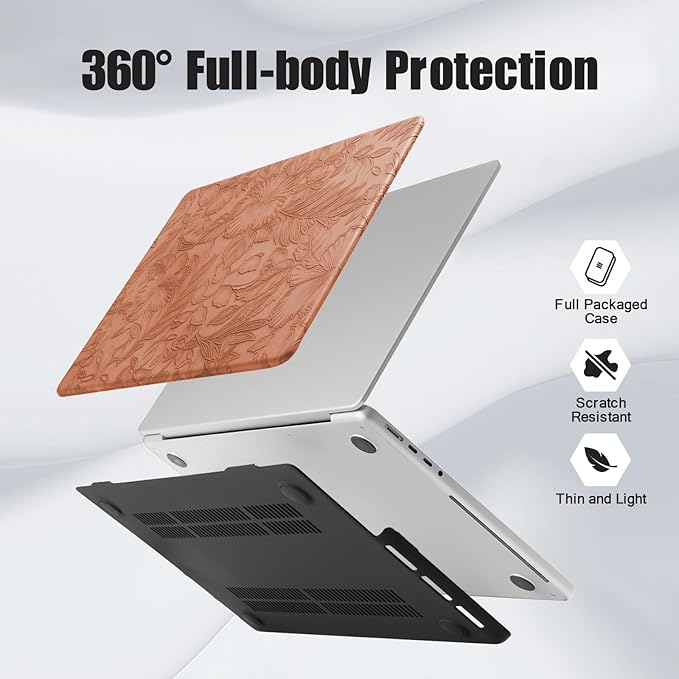 DTangLsm for MacBook Pro 13 inch Case M2 2025 2024-2016 A2338 M1 A2289 A2251 A2159 A1989 A1706 A1708, Elegant Retro Leather Hard Shell Cover for MacBook Pro Case + Keyboard Cover,Brown Embossed Floral