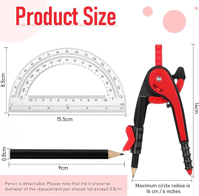 Eboot Red Student Geometry Math Set, Drawing Compass and 6 Inch Clear Swing Arm Protractors 180 Degree Math Protractor