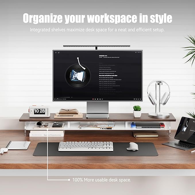 Dual‑Tier Monitor Stand for Modern Desk Setup – Minimalist Wooden and Metal Riser Shelf with Transparent Acrylic Feet for Dual Monitors, Laptops, Home Office Aesthetic，Brown and White