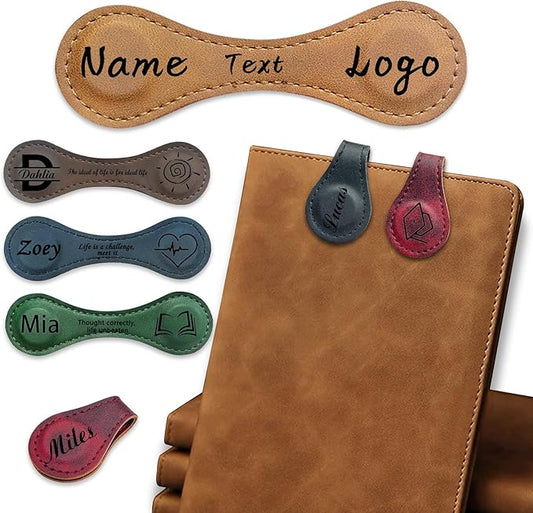 Personalized Leather Magnetic Bookmarks - Custom Magnetic Leather Bookmark with Engraved Logo Text, Vintage Bookmark Clips Customized Gifts for Women, Kids, Men, Book Lovers, Mother, Father