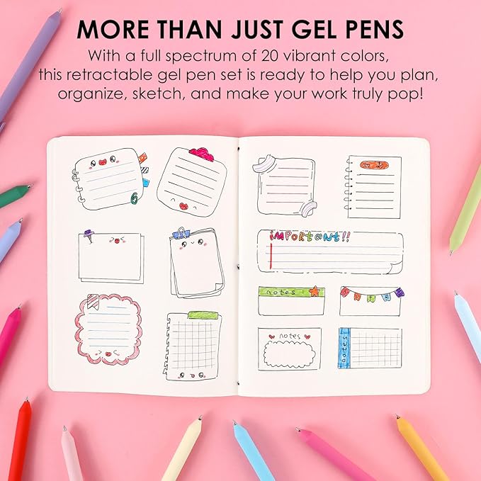 Grabie Retractable Colorful Gel Pens, Perfect for Vibrant Colored Writing and Sketching, Quick Dry Colored Gel Pens, 0.7 mm, Smooth Writing for Journaling and Note Taking， Pack of 20