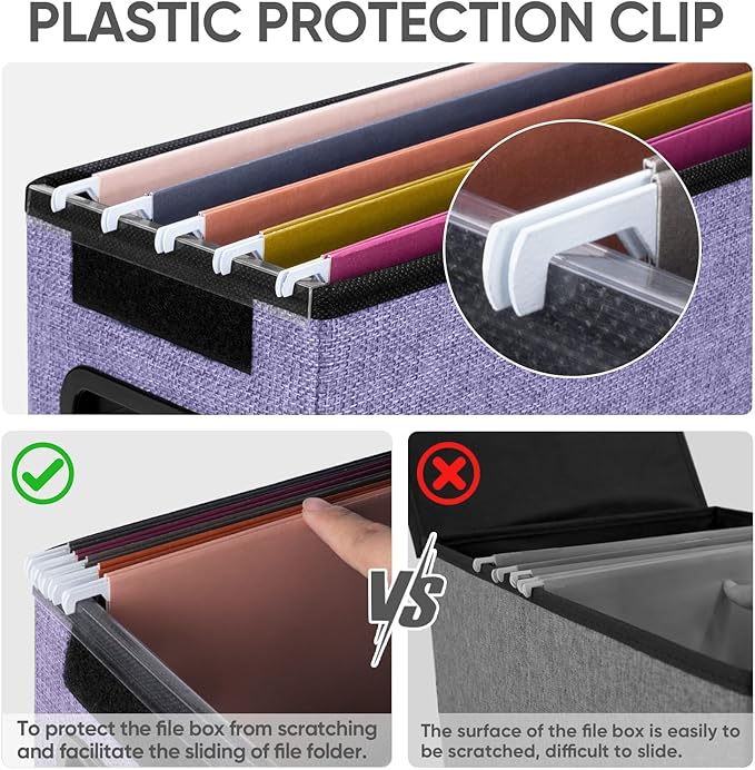 BALEINE File Organizer Box with Lid, Collapsible File Folder Organizer with Plastic Slide, Hanging File Folder Box for Office Document Storage (2 Pack, Purple, S)
