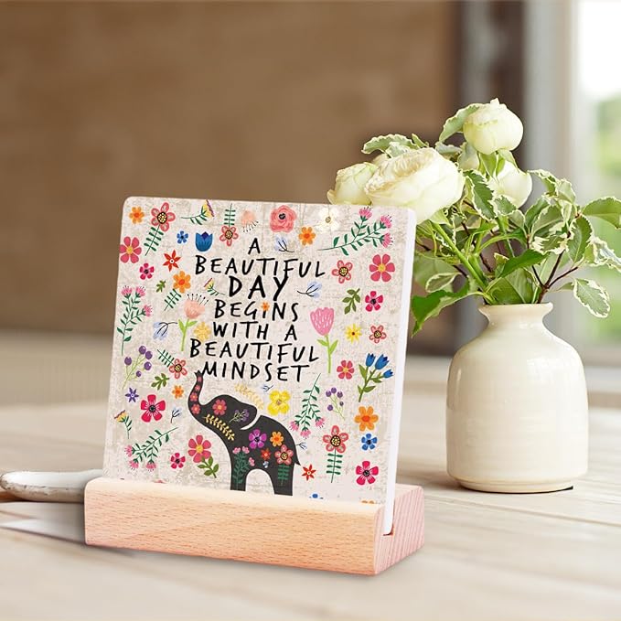 Inspirational Gifts for Teen Girls Women Birthday Christmas-Encouragement Gift Cheer Up Gifts for Friends-Motivational Sign Elephant Ceramic Plaque Desk Decor-A Beautiful Mindset Sign