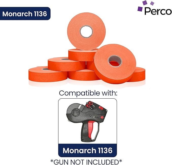 Perco Fluorescent Red Pricing Labels for Monarch 1136 Price Gun - 8 Rolls, 14,000 Pricemarking Labels