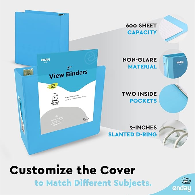 3 Slant D-Ring Binder 3 Inch Blue, 3 in Clear View Cover with 2 Inside Pockets Binder, Heavy Duty Colored School Supplies Binders,Also Available in Green, Grey, Purple, Red, Pink (6 PC) – by Enday