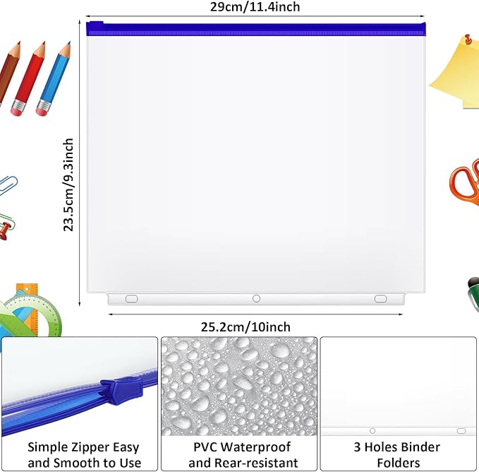 40 Pieces Binder Pockets 3 Hole Zipper Pouch 3 Ring A4 Pockets with Zipper Binder Folders Plastic Pouches Loose Leaf Bags Waterproof PVC Document Filing Bag(Blue,A4)