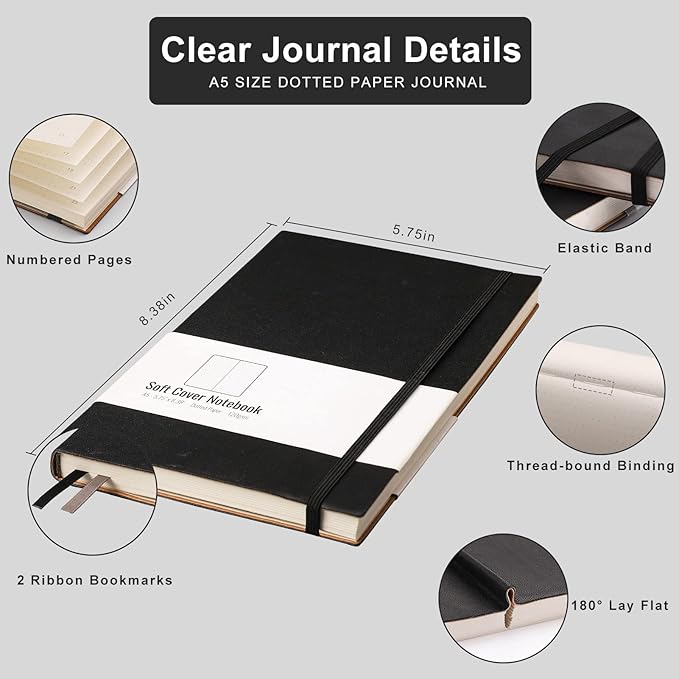 AHGXG Dotted Bullet Grid Journal 2 Pack - A5 Dot Grid Notebook Softcover, Medium 5.75'' × 8.38'', 320 Numbered Pages, 120gsm Thick Dotted Paper, Soft Leather Cover - Black