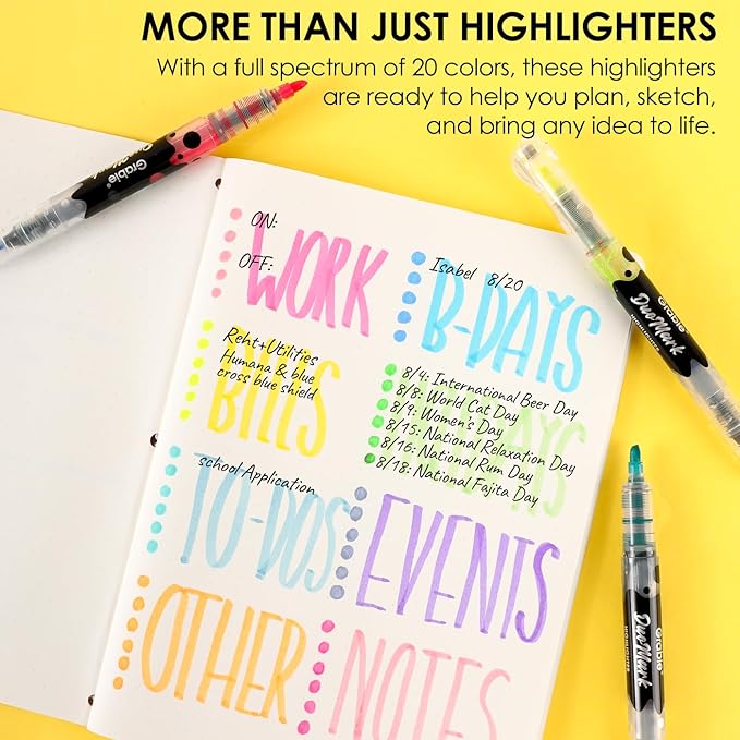 Grabie 20 Dual Tip Colors Highlighters, DuoMark Highlighter Set of 10, Dual Tone Highlighters Assorted Colors, Versatile Chisel Tip, Highlighter Markers, Note-taking