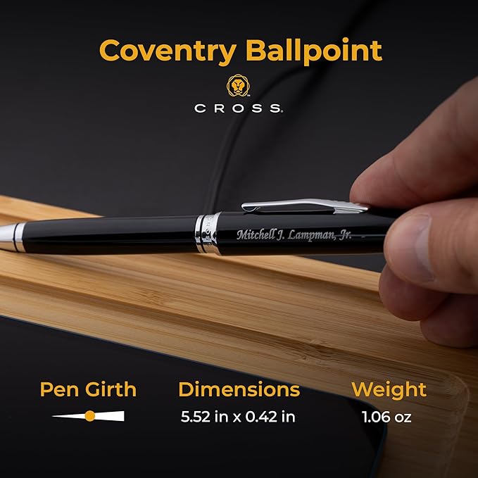 Personalized, Custom Engraved Cross Pen for Men or Women | Cross Coventry Ballpoint Pen | Luxury Gift for Office, Graduation and Business [Black Lacquer with Chrome Trim]