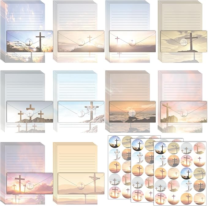TaoBary 160 Pcs Stationery Paper Set 50 Double Sided Stationery Papers with 50 Matching Envelopes and 60 Round Dot Sticker, 10 Design(Religious Letter with Cross,8.5 x 11 Inch)