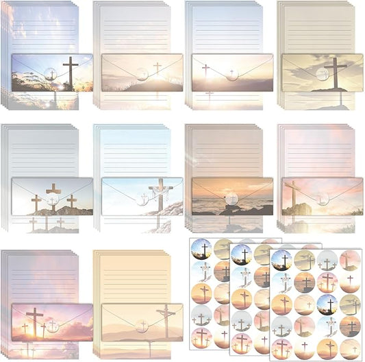 TaoBary 160 Pcs Stationery Paper Set 50 Double Sided Stationery Papers with 50 Matching Envelopes and 60 Round Dot Sticker, 10 Design(Religious Letter with Cross,8.5 x 11 Inch)