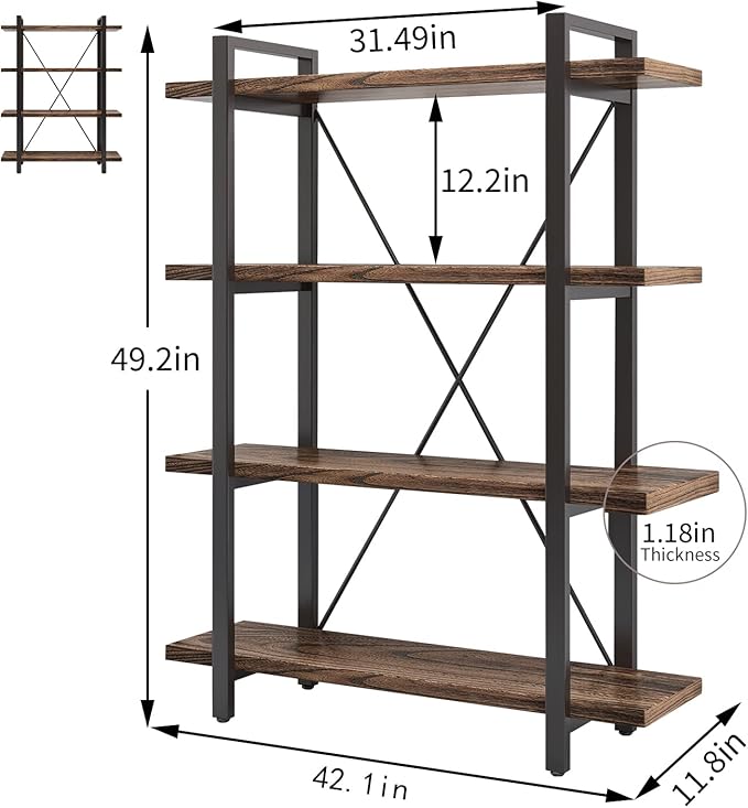 4 Tier Bookshelf Solid Wood Bookcase and Book Shelves Wood and Metal Shelving Rustic Open Bookshelf Office,Distressed Brown (AY-02-4Tier)