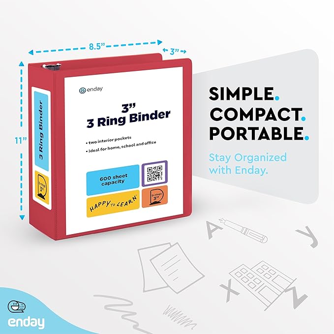3 Inch Binder 3 Ring Binders Red, Slant D-Ring 3” Clear View Cover with 2 Inside Pockets, Heavy Duty Colored School Supplies Office and Home Binders – by Enday