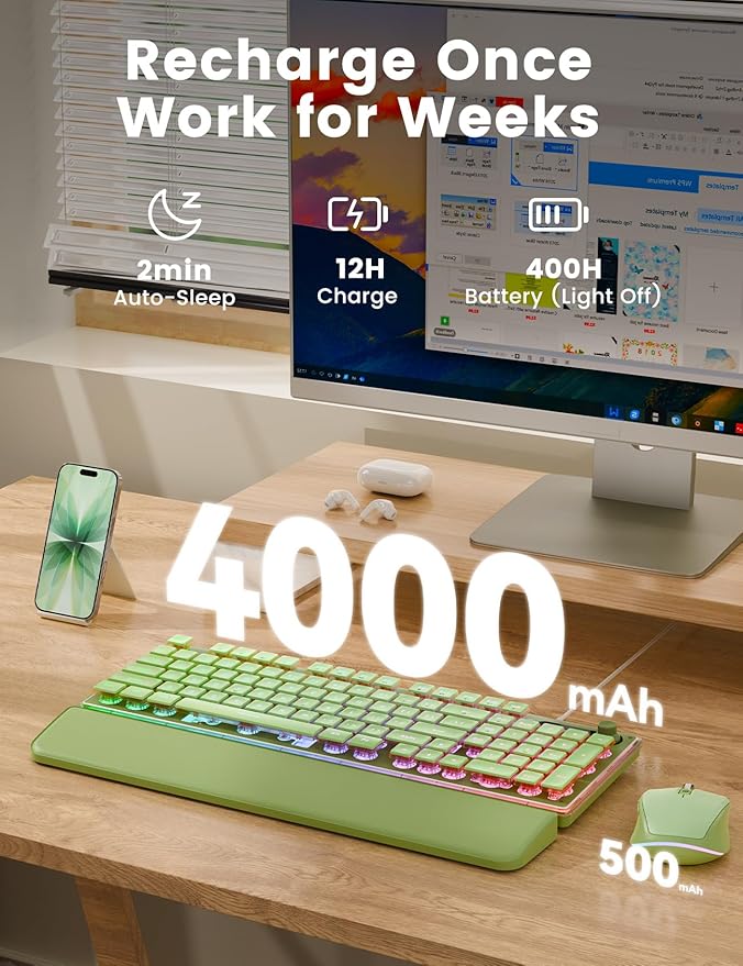 Wireless Keyboard and Mouse Combo - 9 Backlit Effects, Wrist Rest, Double-Shot Keycaps, Metal Panel, Long-Lasting Rechargeable, 2.4G Keyboard Mouse Set for Windows Mac PC Laptop – Sablute (Green)