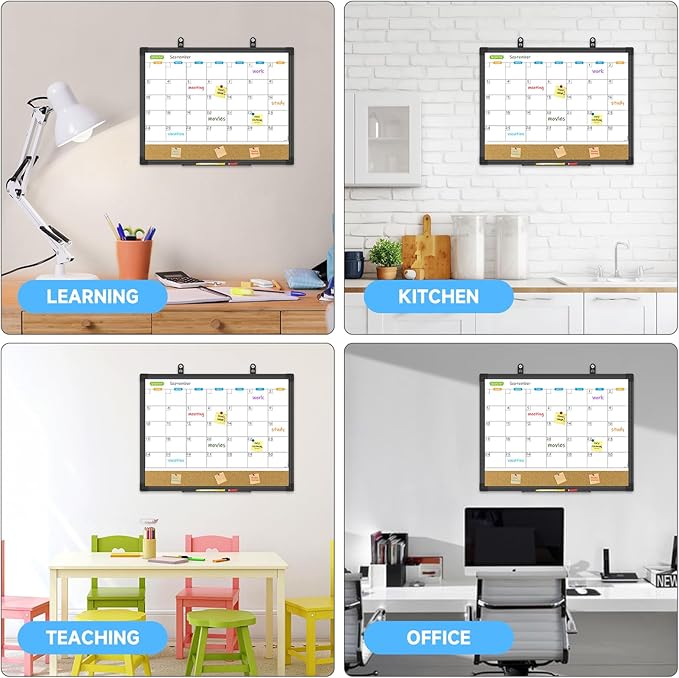 JILoffice Magnetic Calendar Whiteboard & Bulletin Corkboard Combination, Monthly Combo Board 17 x 13 Inch, Black Aluminum Frame Wall Mounted Board for Office Home and School