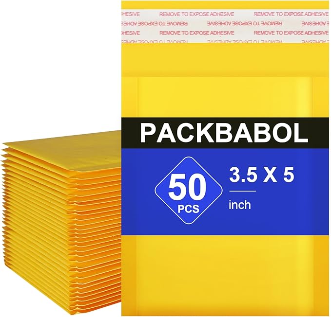 packbabol Kraft bubble mailers 3.5x5 Inch 50 Pack,Self-Sealing Paper Envelopes for Packaging,Strong Adhesion Envelope Mailers, Small Waterproof Cushioned Padded Shipping Bags Yellow #0000