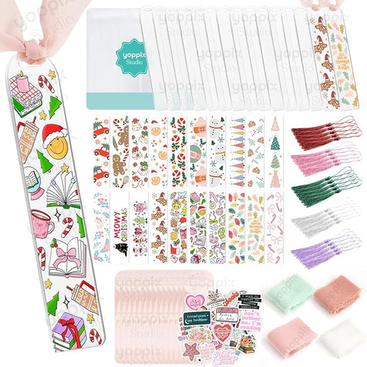 180 Pcs Acrylic Bookmark Blanks- 20 Set Bookmark Making Kit with 20 UV DTF Stickers About Christmas Theme 20 Tassels 20 Ribbon 80 Bookish Stickers for DIY Your Crafts Gift for Book Lover