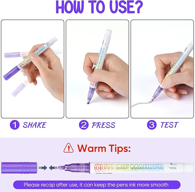 Double Line Outline Markers,2Pack X12 Colors Glitter Markers，Metallic Sparkle Pen for Drawing，Tween Teen Girl Gifts Trendy Stuff 4-16 Year Old,Art Supplies for Kids 9-12