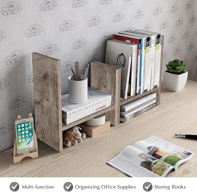 Jerry & Maggie Desktop Organizer Office Storage Rack Adjustable Wood Display Shelf Free Style Double H, Multi-Functional Mini Bookshelf for Desk Natural Stand (Gray Oak)