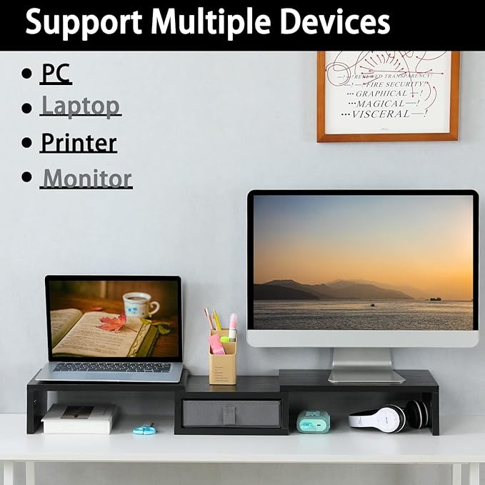 TEAMIX Dual Monitor Stand Riser with Drawer - Length and Angle Adjustable Double Monitor Riser Corner Desk Shelf Organizer 37 inch Long Monitor Riser for 2 Monitors/Laptop/PC/Screen/TV