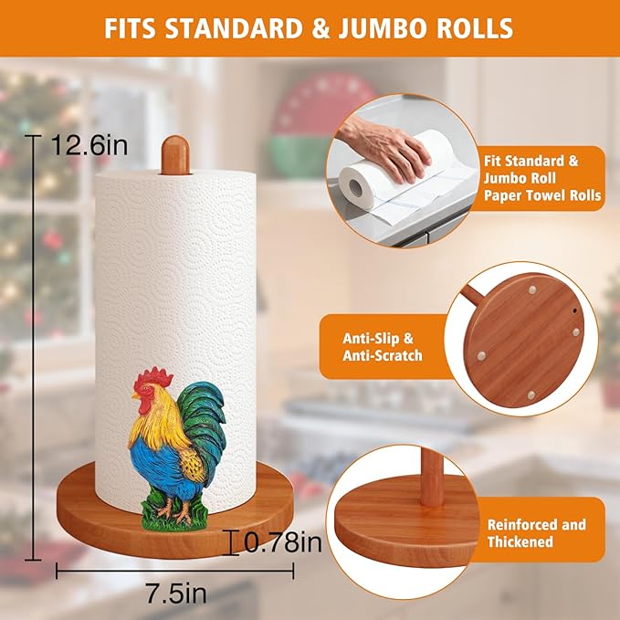 Rooster Paper Towel Holder Countertop, 3D Modern Chicken Farmhouse Kitchen Counter Decor, Cute Rooster Wooden Stand for Bathroom & Home Indoor Table Accessories, Gift for Women, Housewarming Gifts