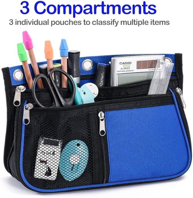 Sooez Pencil Pouch for 3 Ring Binder，Expandable Zipper Pencil Pouch, Fabric Pencil Pouches Binder Pockets, Large Capacity Binder Pouch, Pencil Case for Binder, Pencil Pouch 3 Ring(Blue/Black)