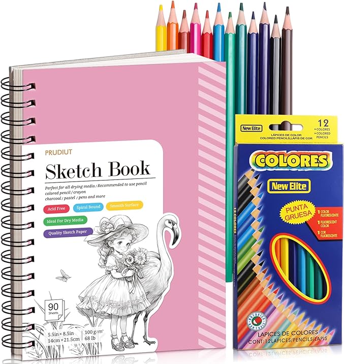 Sketch Book with 12 Color Pencil Set, 90 Sheets Spiral Sketchbook for Drawing (68lb/100gsm), Acid-Free Sketch Pad for Kids Artist, Art Paper Drawing Supplies for Gifts(Pink)