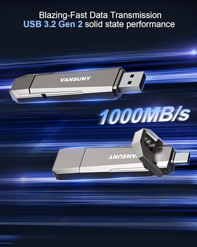 Vansuny 256GB USB Solid State Drive Up to 1000MB/s USB 3.2 Gen 2 Dual SSD USB A + Type C Portable External SSD for Android Phone Tablet Laptop MacBook PC