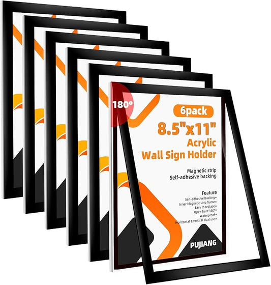 6 Pack Acrylic Sign Holder 8.5x11 Wall Mount,Clear Wall Sign Holder with Tape,Horizontal & Vertical Display,Plastic Sign Holder for Wall Door Glass Window Fridge-No Drilling