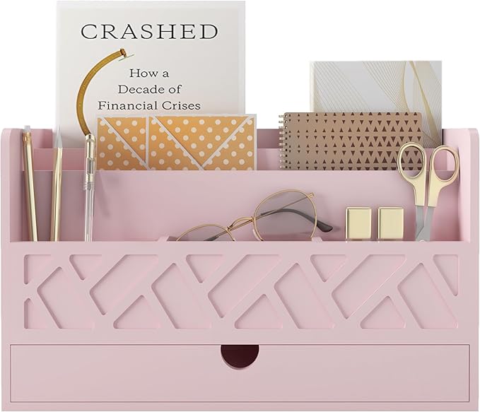 Wisuce Bamboo Mail Organizer Countertop Desktop with Drawer - All-in-One Desk File Organizer with Pencil Holder (Pink)