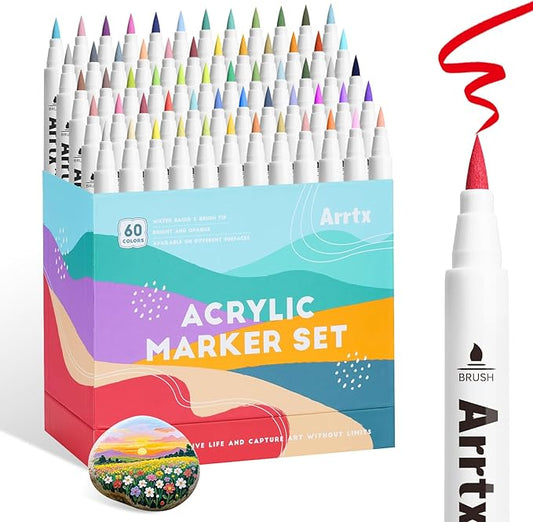 Arrtx 60 Colors Acrylic Paint Pens, Paint Markers Pens, for Artists Adults Coloring Drawing Scenery Landscape Natural- Brush Tip for Rock Painting, Wood, Canvas, DIY Crafts Making Art Supplies-60C