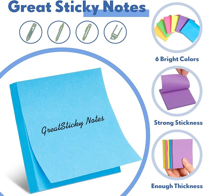 Leinuosen 102 Pack Sticky Notes 3 x 3 Inches Cute Sticky Notes Bright Colors Self Stick Pads Memo Easy to Post for Home Desk Office Notebook, Message Reminder, Stationary Supplies Office Supplies